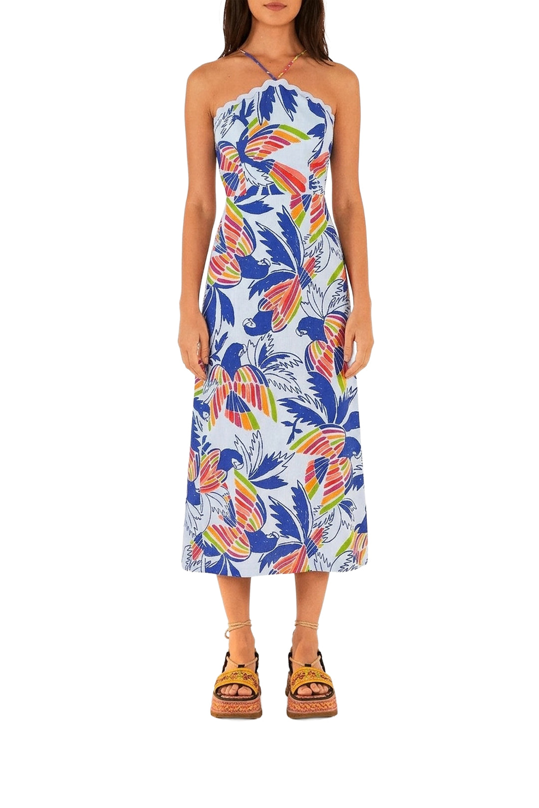 Robe midi Color Birds en coton - Bleu