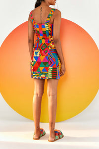 Robe courte Patchs d'été en lin - Multicolore