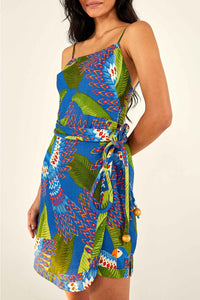 Macaw short dress in linen - Blue