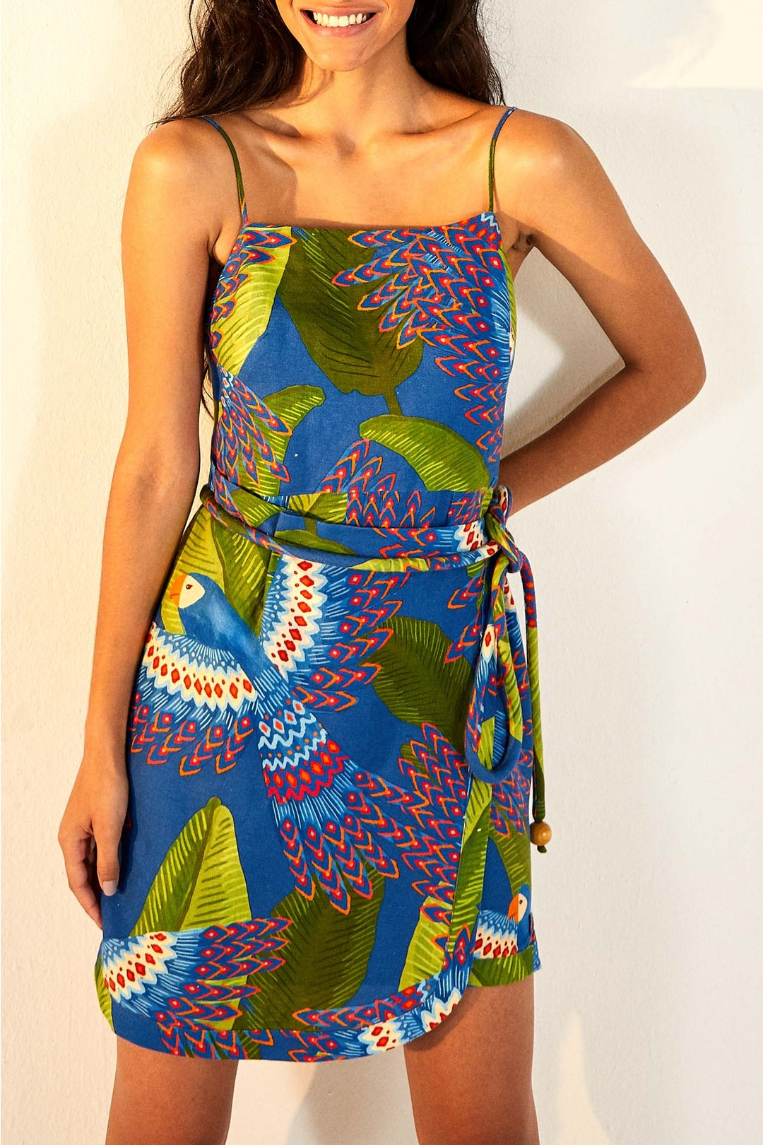 Macaw short dress in linen - Blue