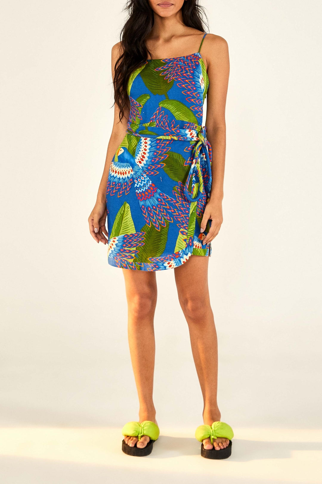 Macaw short dress in linen - Blue