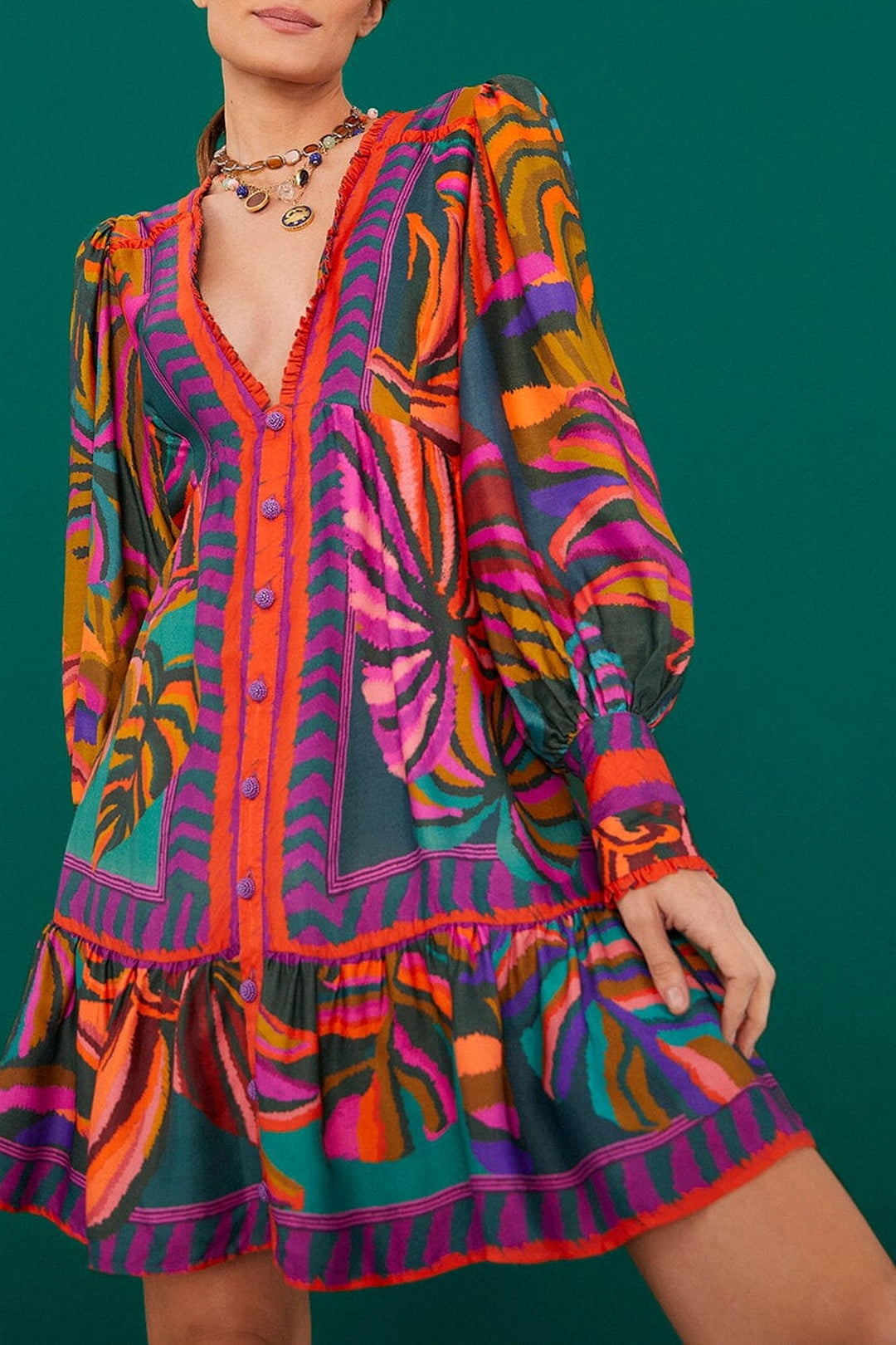Robe courte Graphic Foliage - Rouge
