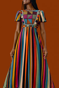 Robe midi brodée à rayures - Multicolore