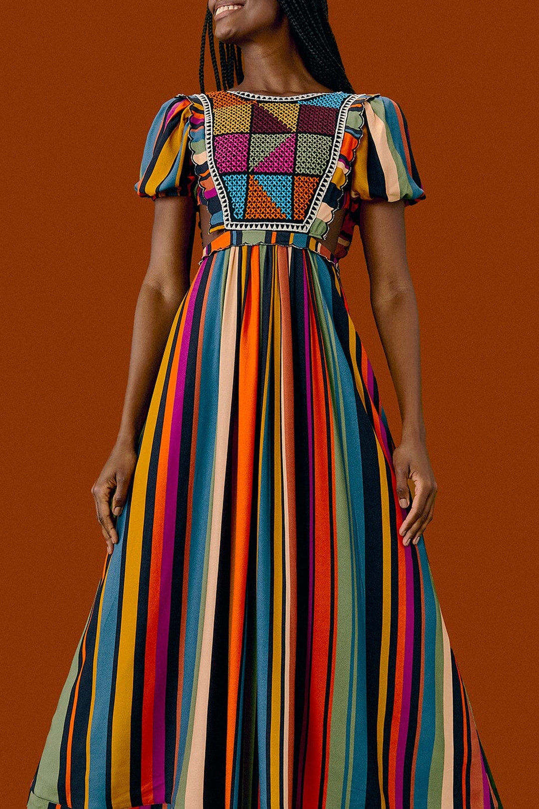 Robe midi brodée à rayures - Multicolore