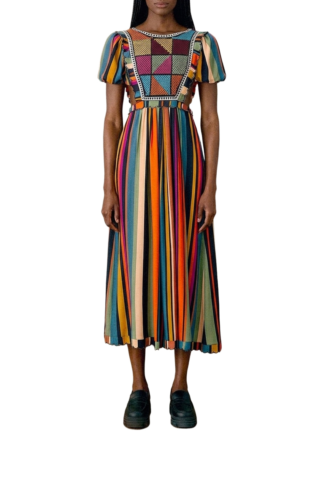 Robe midi brodée à rayures - Multicolore