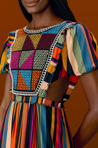 Robe midi brodée à rayures - Multicolore