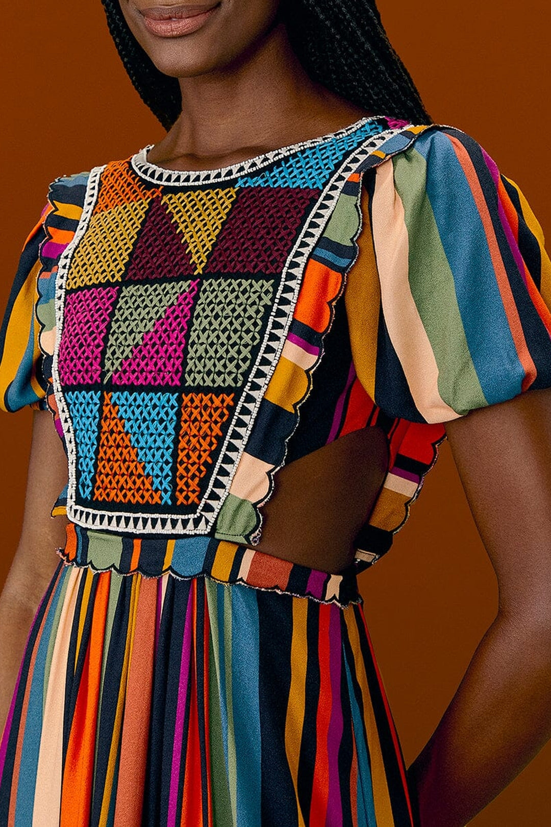 Robe midi brodée à rayures - Multicolore