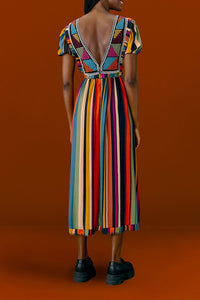 Robe midi brodée à rayures - Multicolore