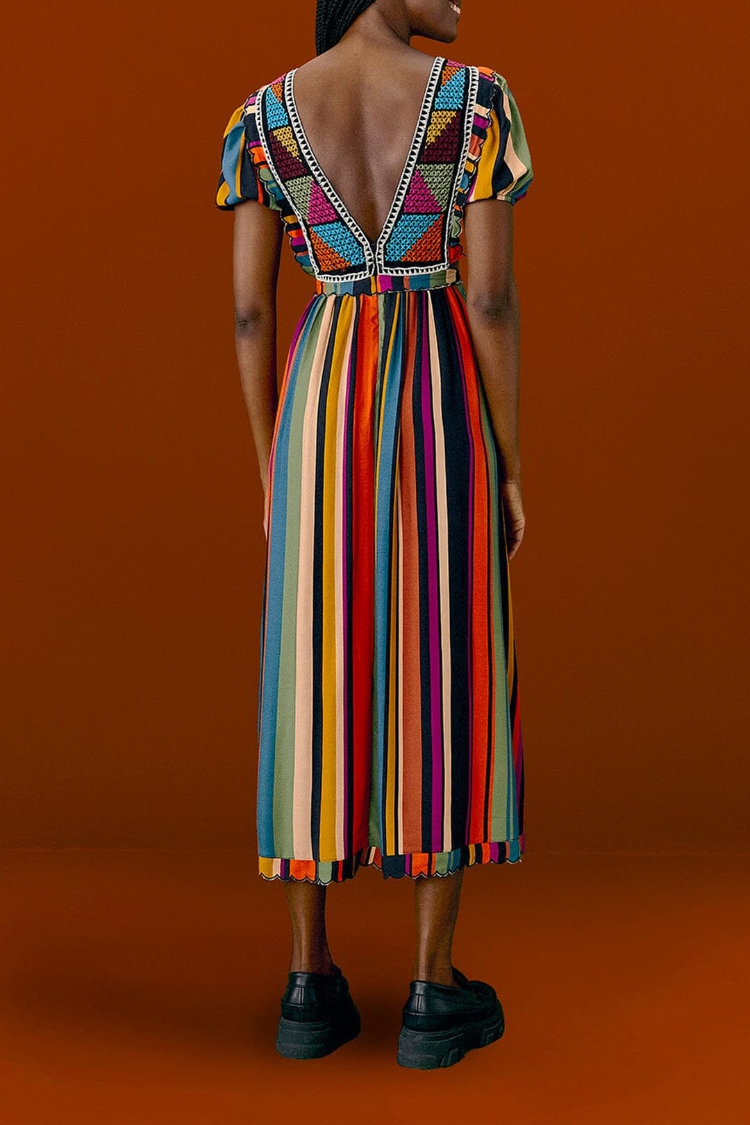 Robe midi brodée à rayures - Multicolore
