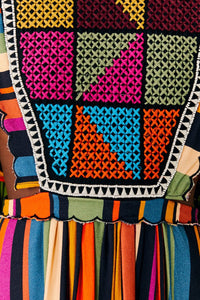 Robe midi brodée à rayures - Multicolore