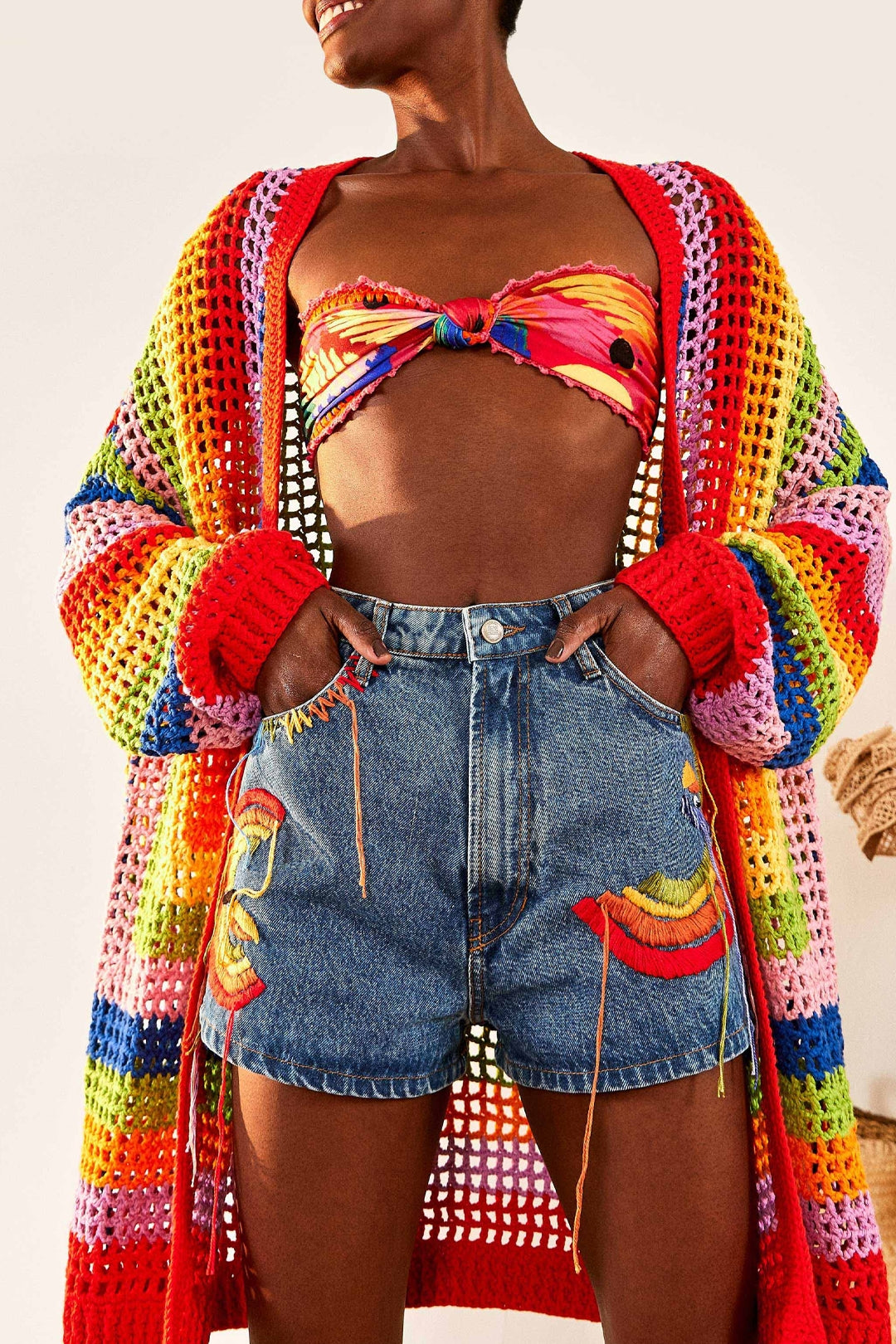 Short Colorful Birds en denim - Bleu
