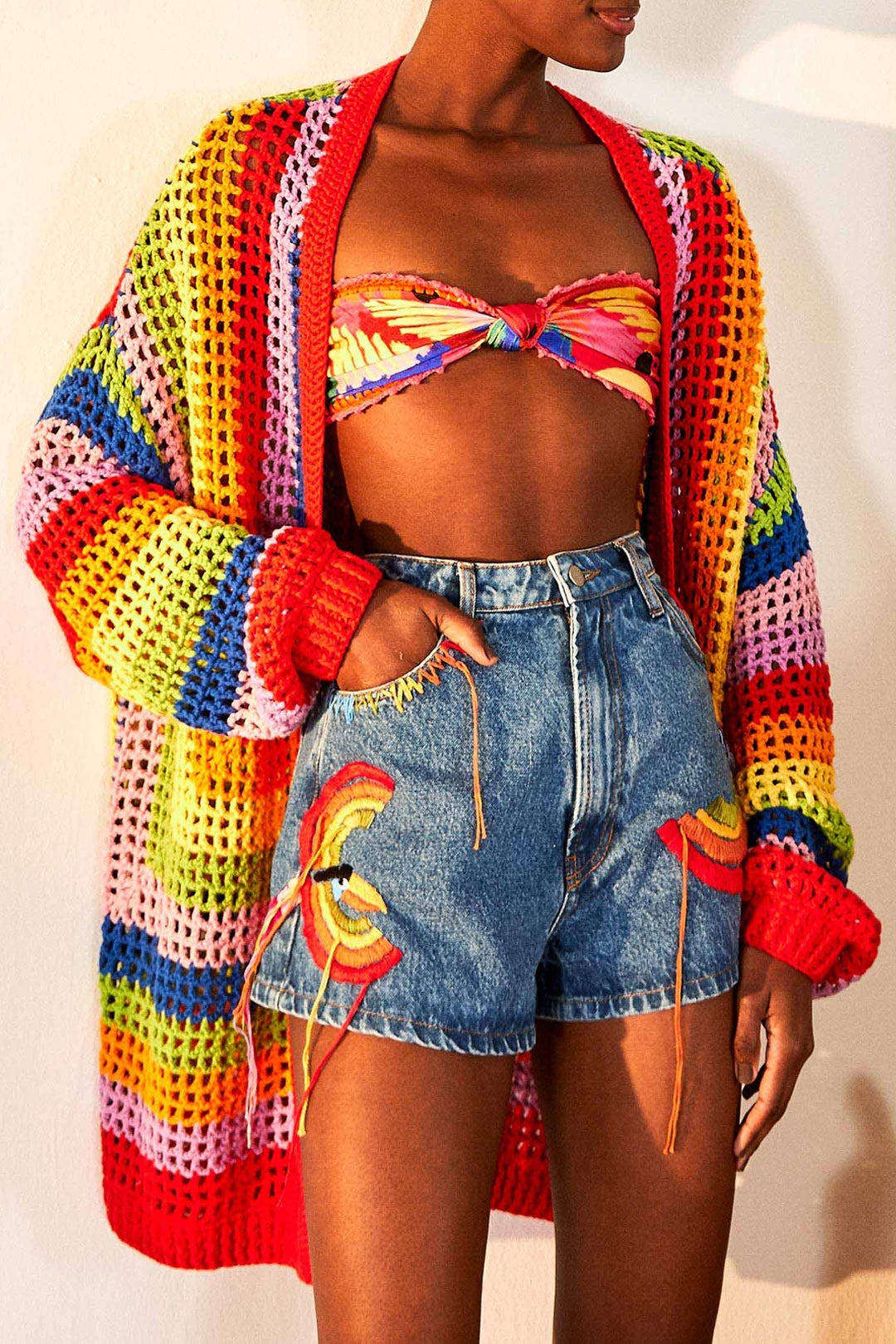 Short Colorful Birds en denim - Bleu