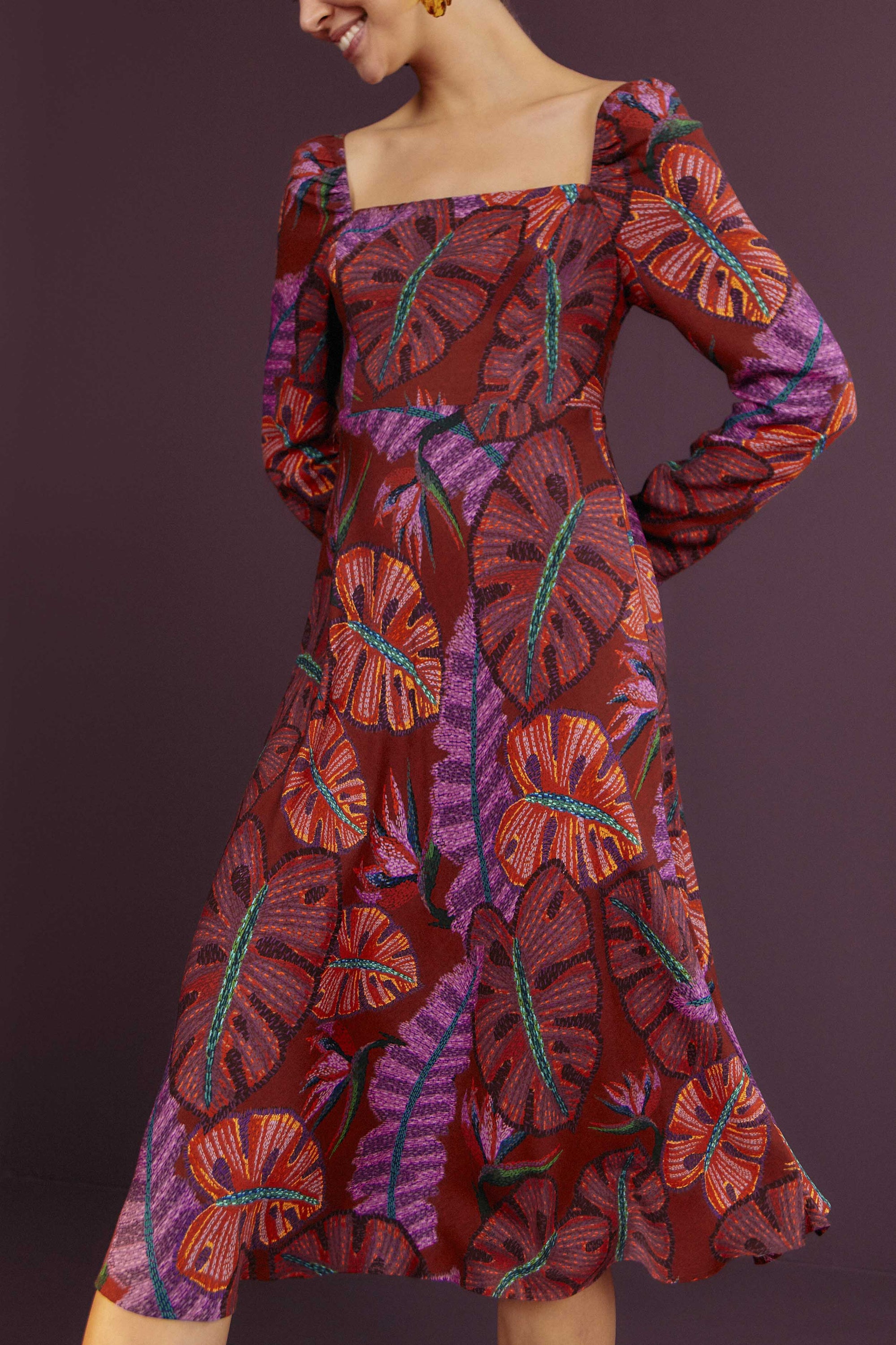 MEDIA OFF LINE_Robe midi Delicate Leaves - Bordeaux