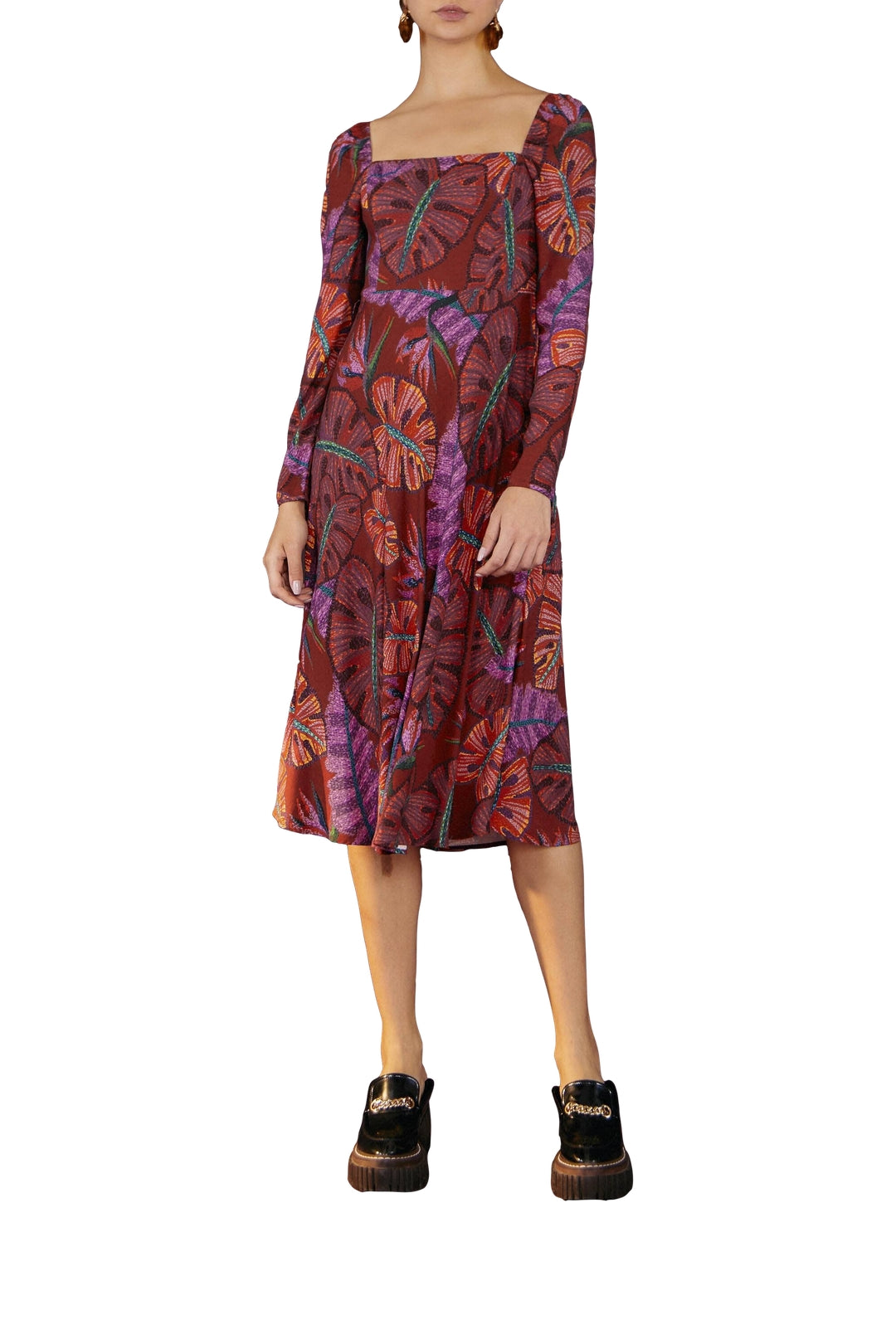 MEDIA OFF LINE_Robe midi Delicate Leaves - Bordeaux