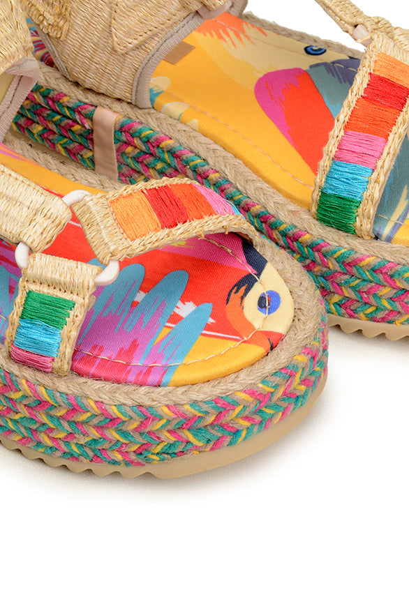 Sandales plates Toucan coloré en raphia à scratch - Multicolore
