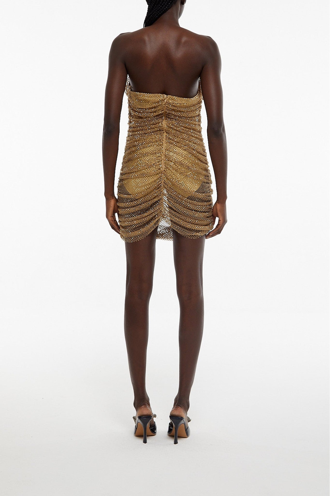 Gold // Rhinestone embroidered mesh mini dress