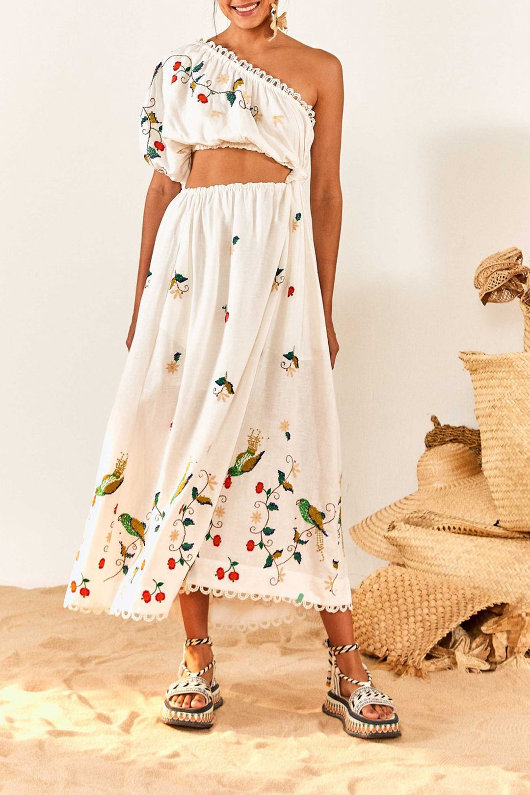 Robe longue brodée Pitanga en lin - Blanc