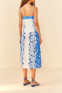 Robe midi Flower Stripes en lin - Bleu