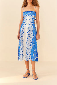 Robe midi Flower Stripes en lin - Bleu