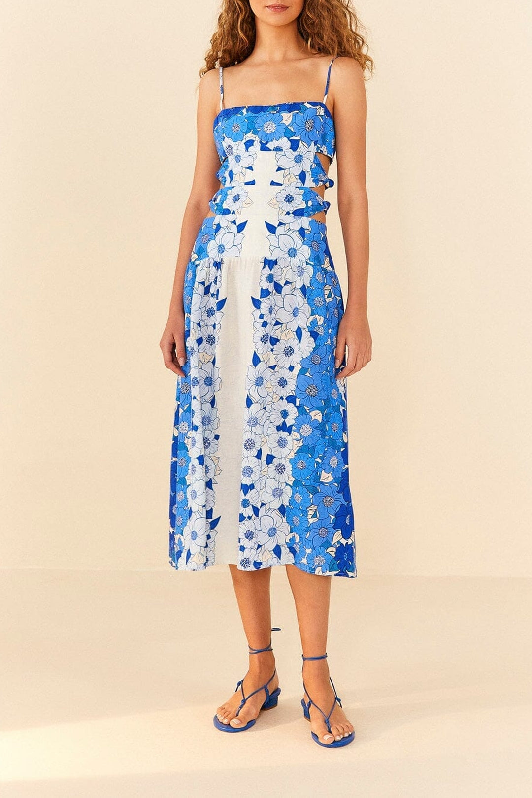 Robe midi Flower Stripes en lin - Bleu