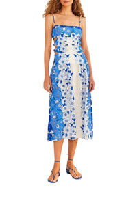 Robe midi Flower Stripes en lin - Bleu