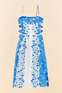Robe midi Flower Stripes en lin - Bleu