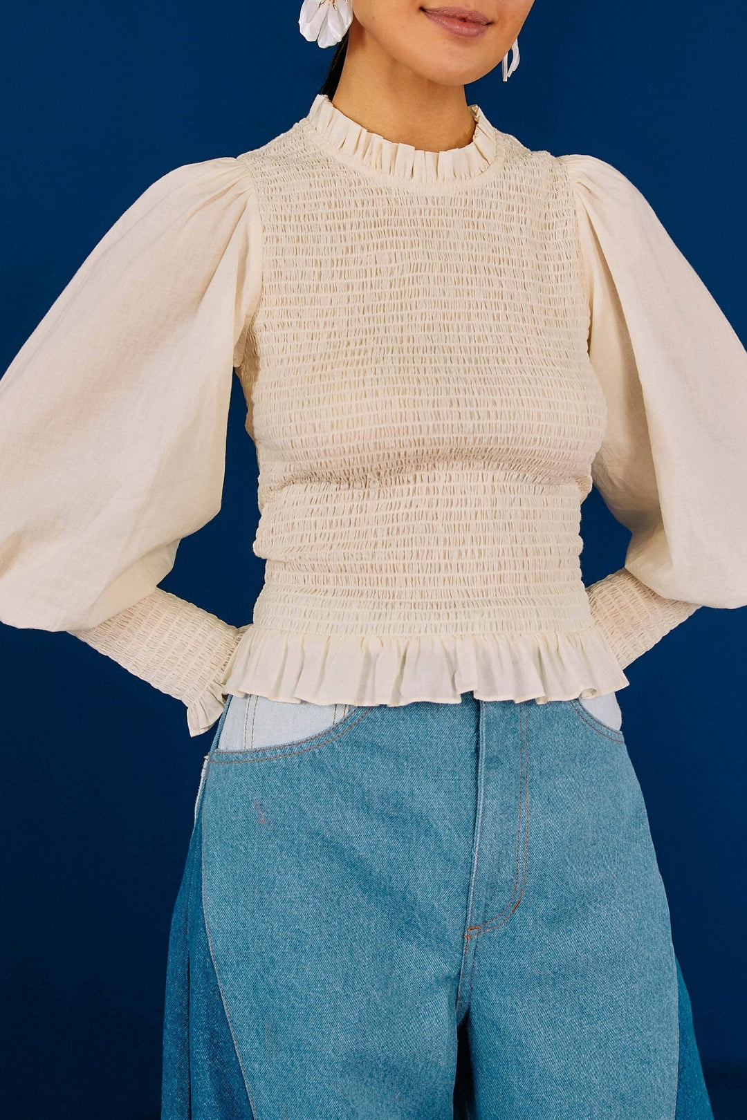 Blouse Lastex à manches bouffantes - Blanc
