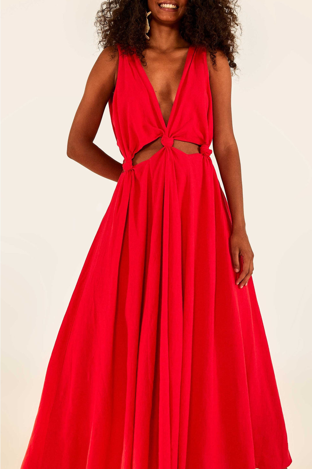 Robe longue à découpes en lin - Rouge