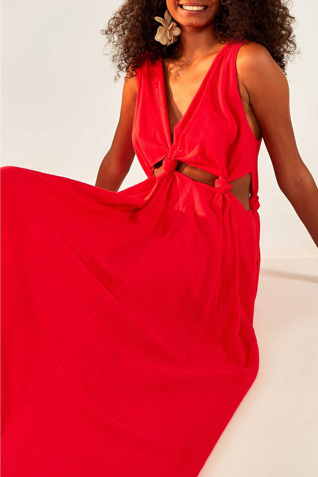 Robe longue à découpes en lin - Rouge