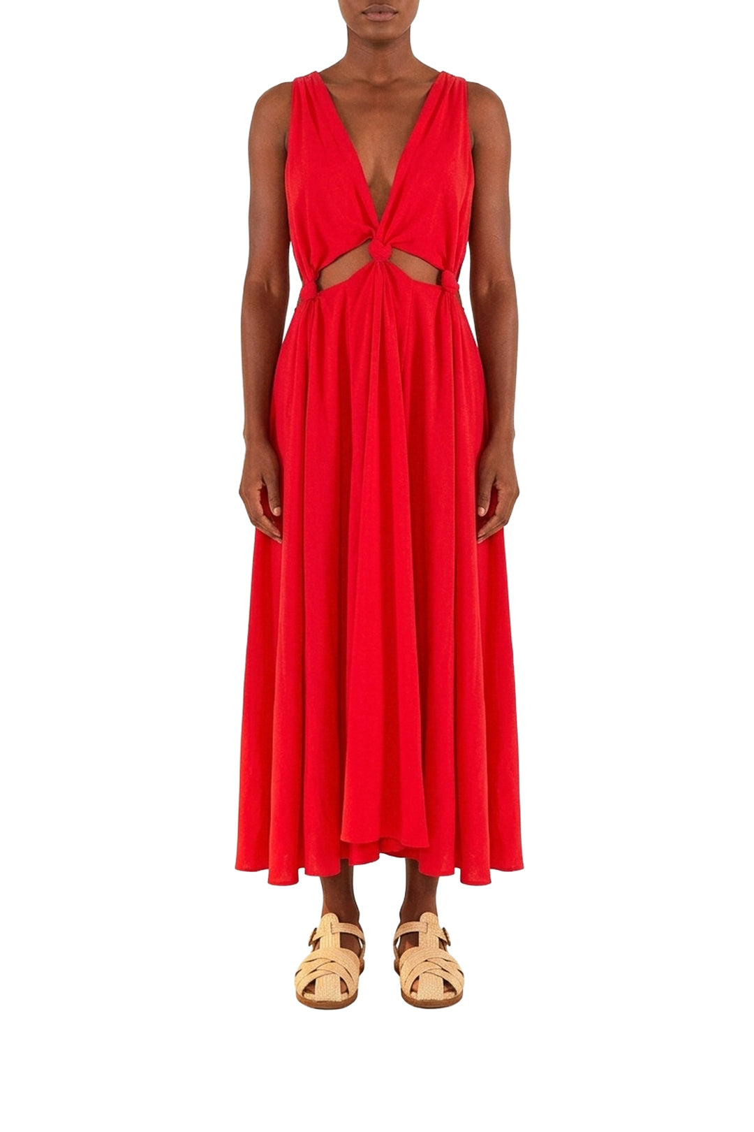 Robe longue à découpes en lin - Rouge