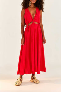 Robe longue à découpes en lin - Rouge