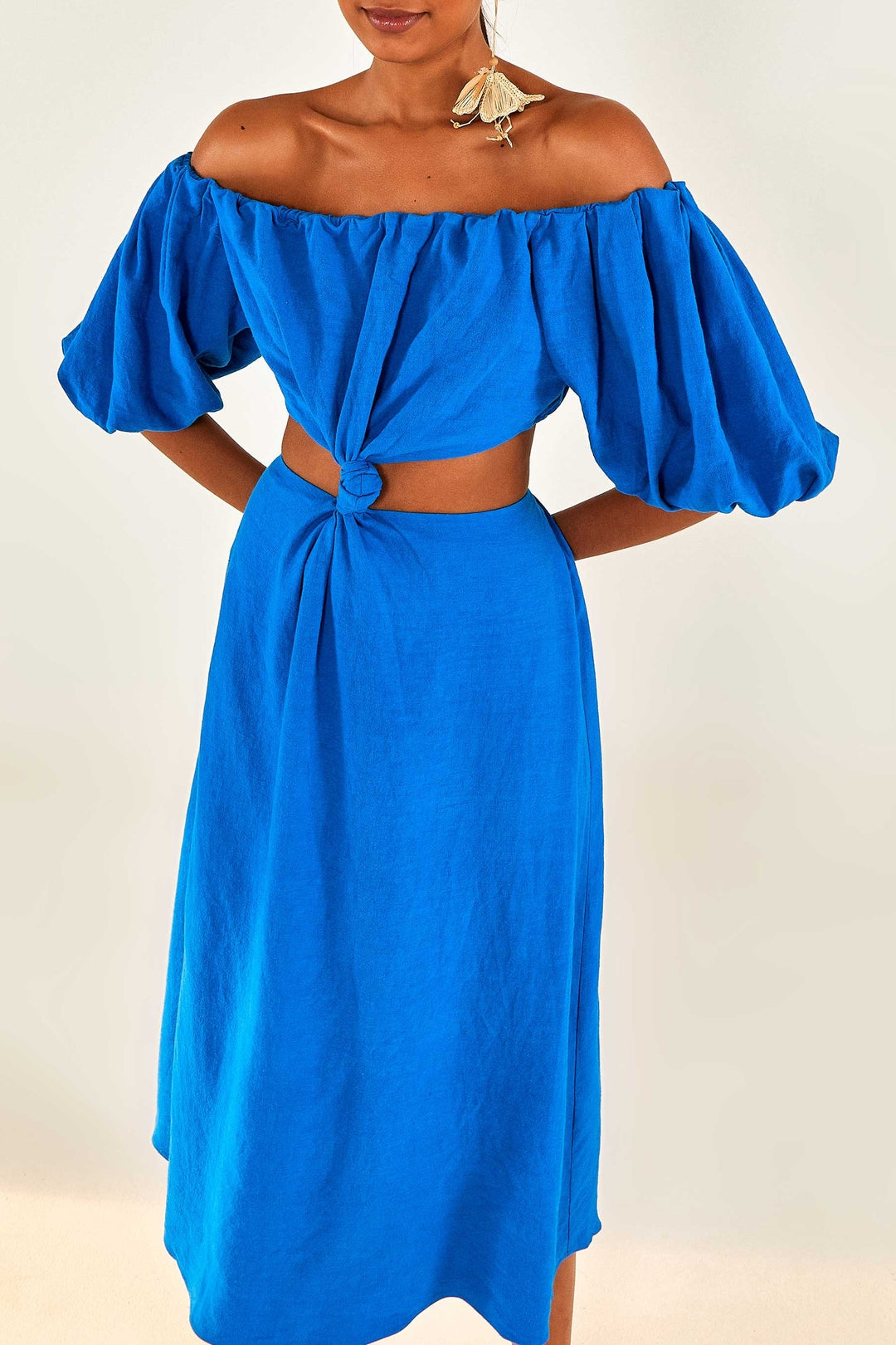 Robe midi à nœud en lin - Bleu