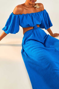 Robe midi à nœud en lin - Bleu