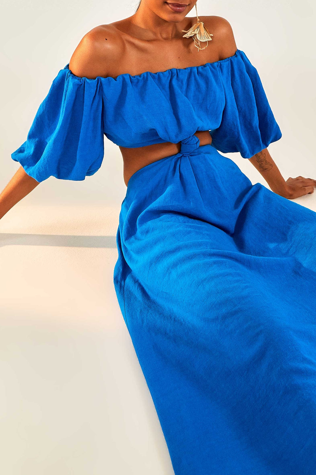 Robe midi à nœud en lin - Bleu