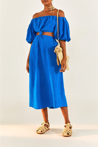 Robe midi à nœud en lin - Bleu