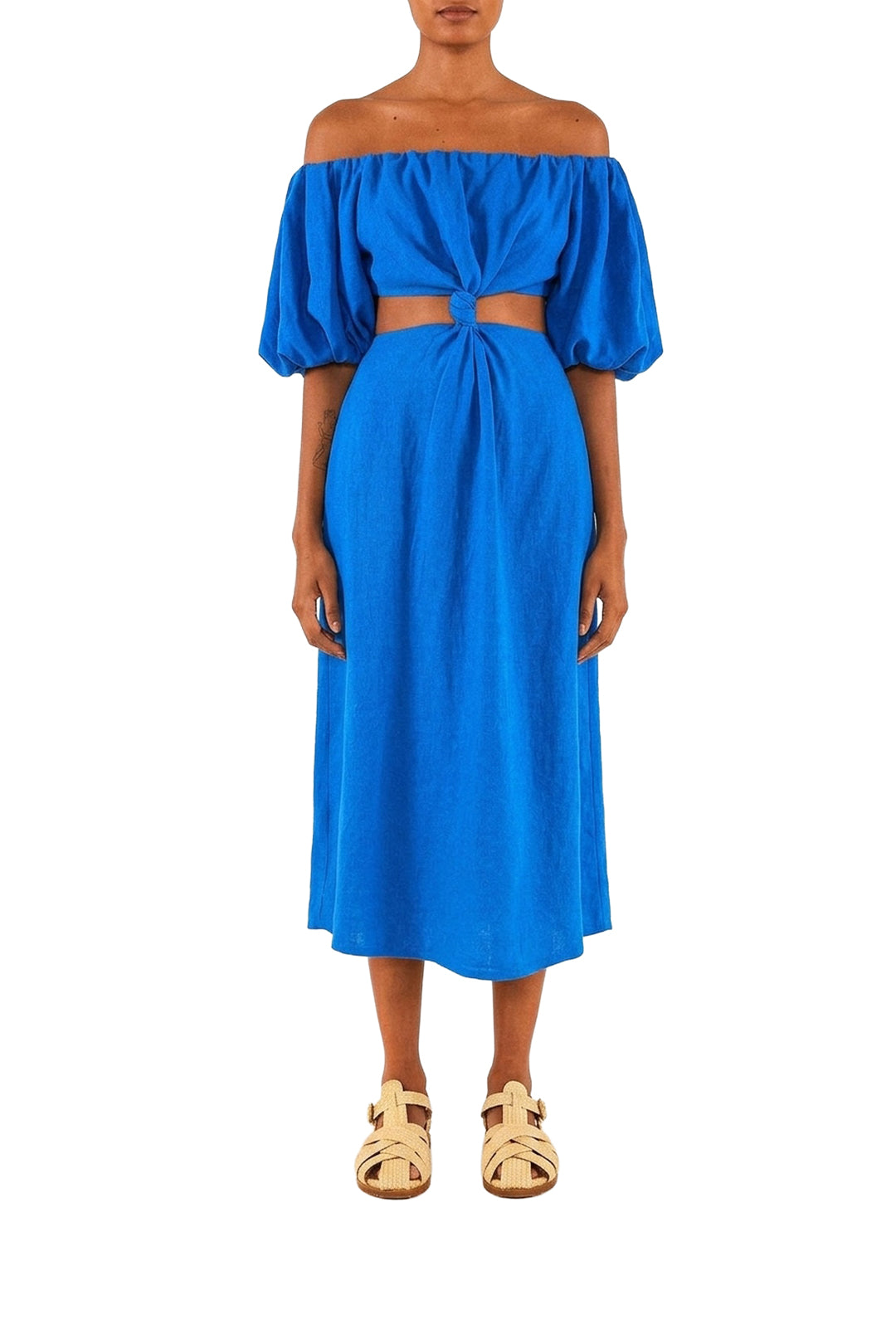 Robe midi à nœud en lin - Bleu