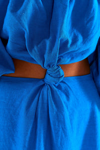 Robe midi à nœud en lin - Bleu