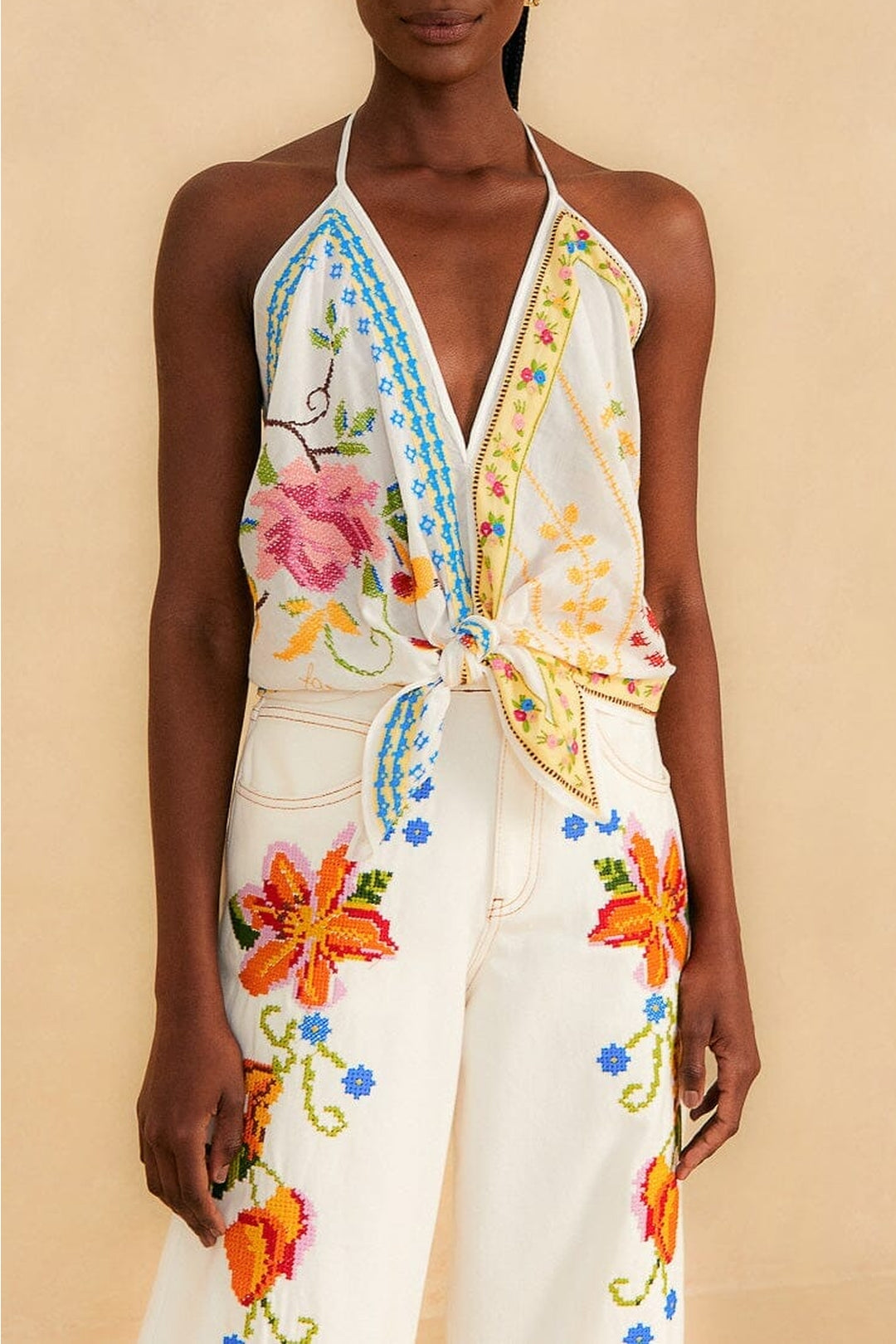 Blouse brodée Halter - Blanc