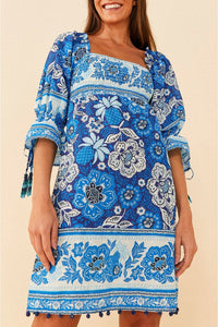 Robe courte Full Of Flowers en coton - Bleu