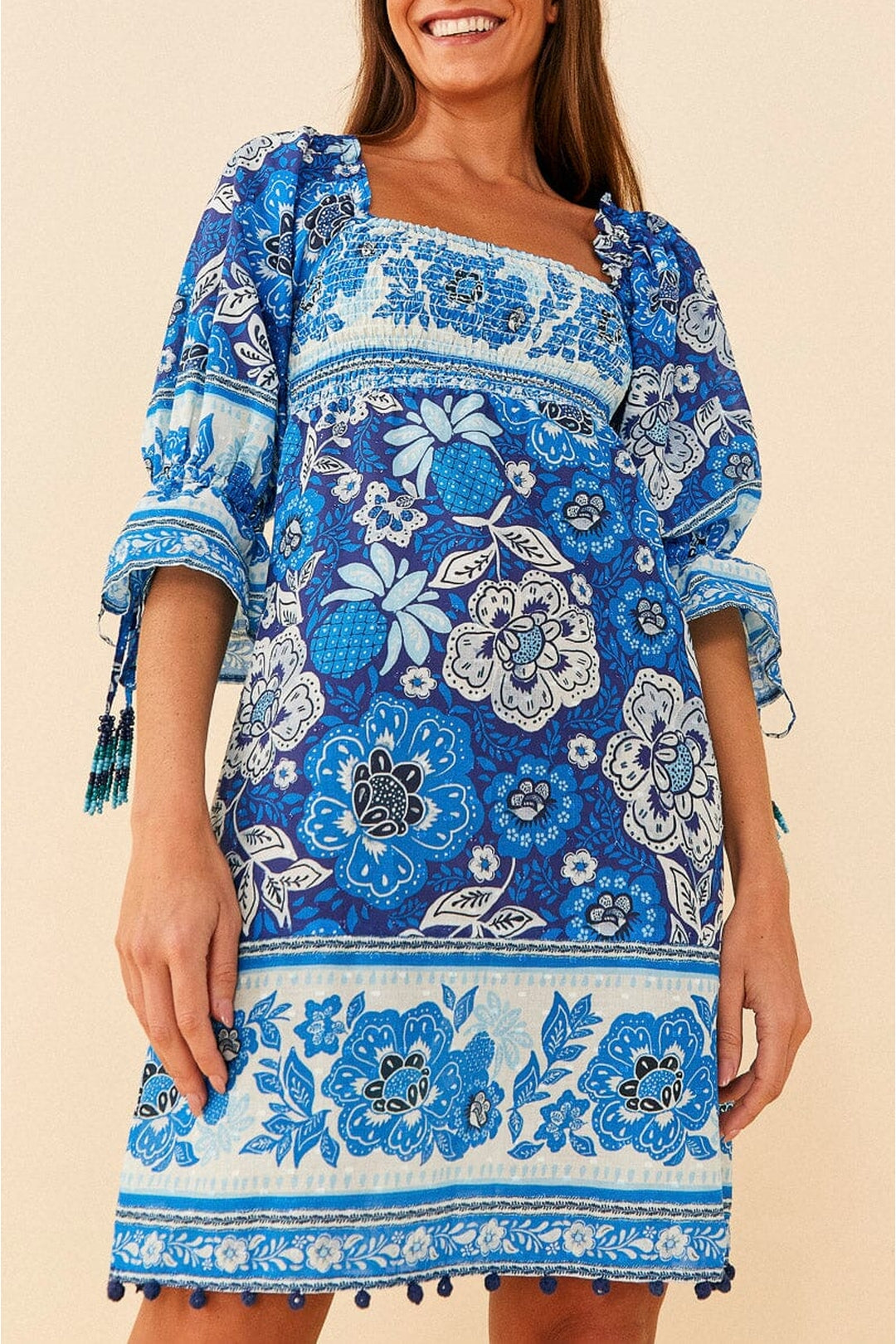 Robe courte Full Of Flowers en coton - Bleu