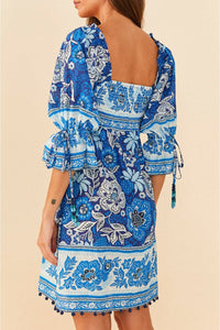 Robe courte Full Of Flowers en coton - Bleu
