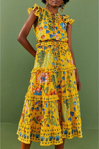 Robe midi Summer Garden en coton - Jaune