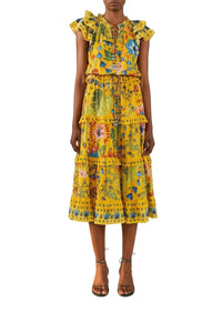 Robe midi Summer Garden en coton - Jaune
