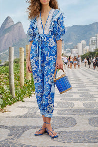 MEDIA OFF LINE_Combinaison Full Of Flowers en lin - Bleu