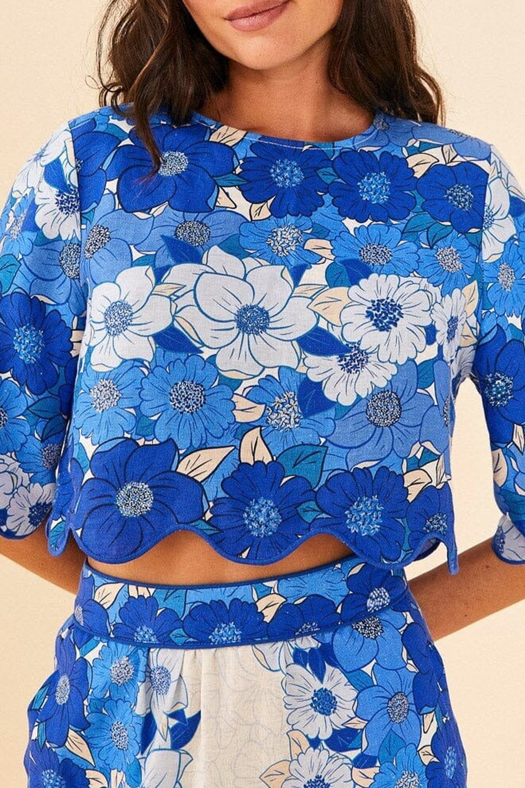 MEDIA OFF LINE_Blouse courte à rayures fleuries en lin - Bleu