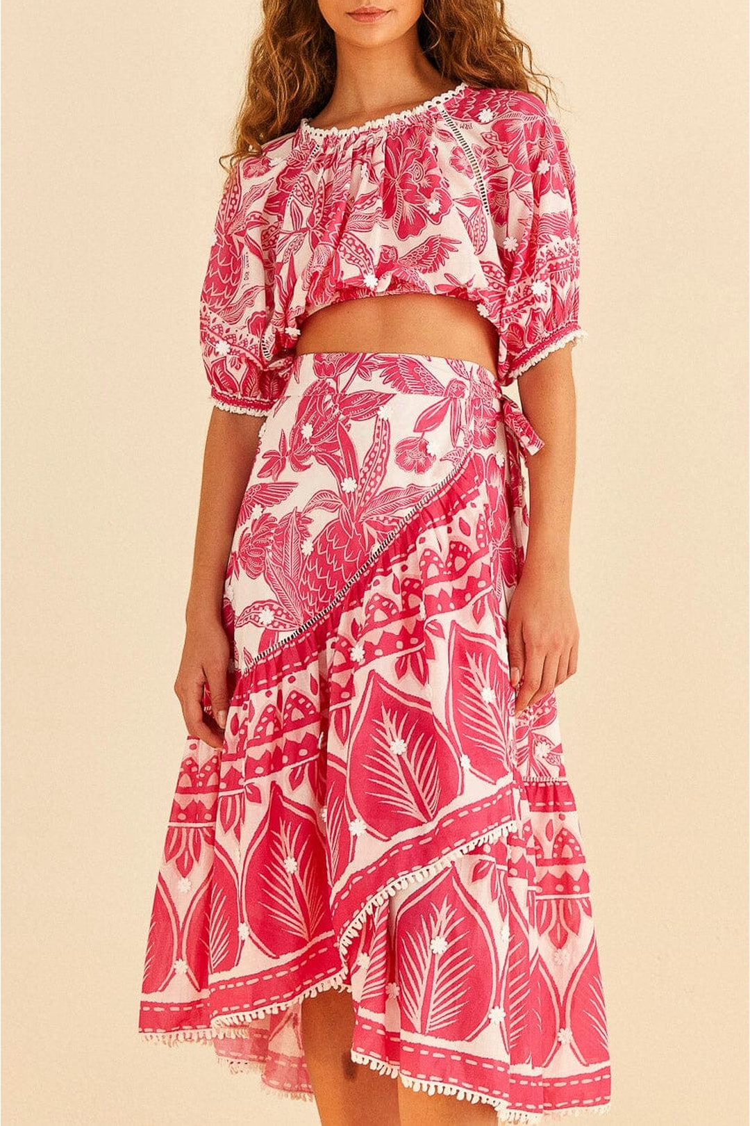 Jupe midi Tropical Woodcut en coton - Rose