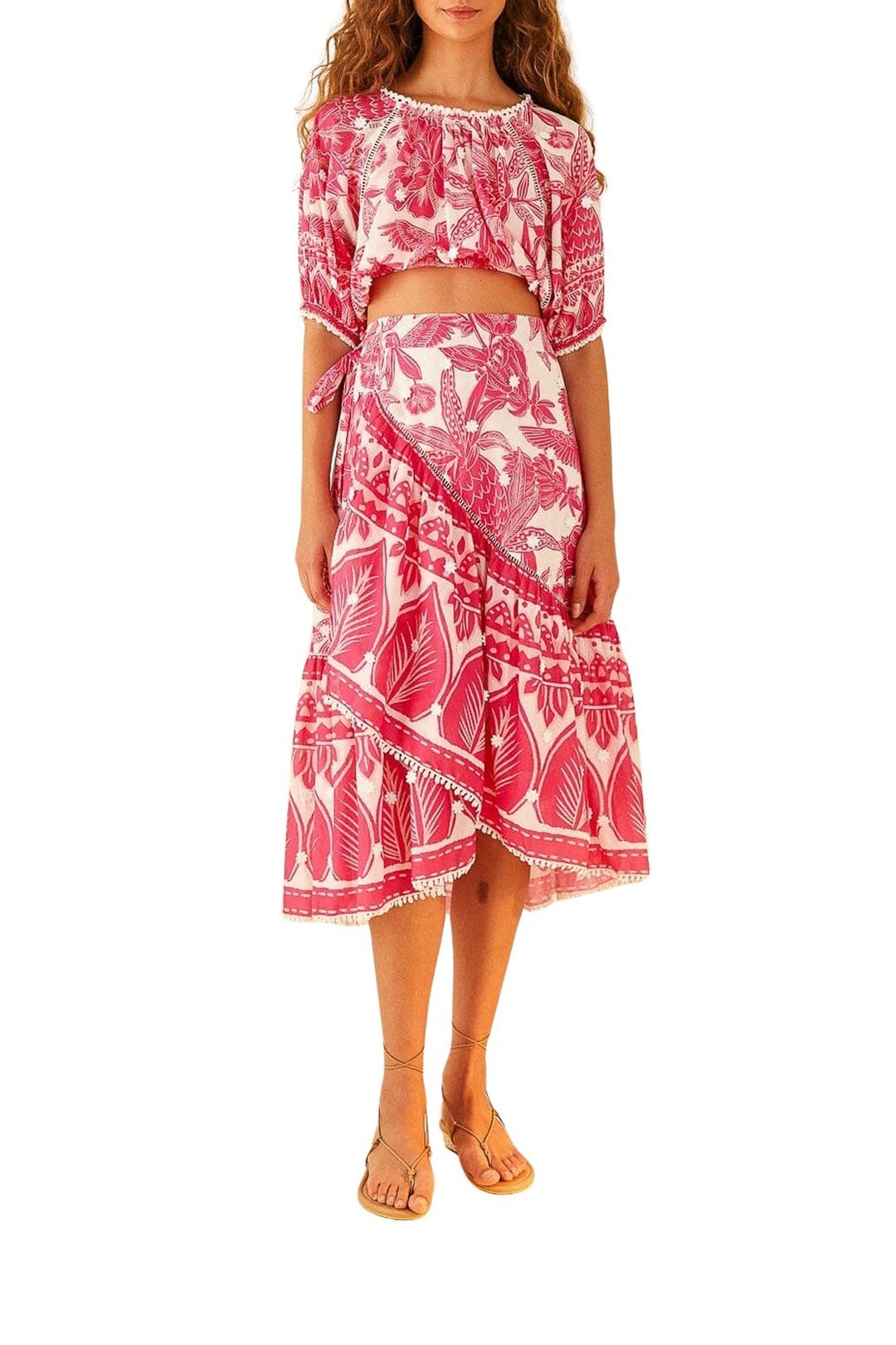 Jupe midi Tropical Woodcut en coton - Rose