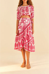 Jupe midi Tropical Woodcut en coton - Rose