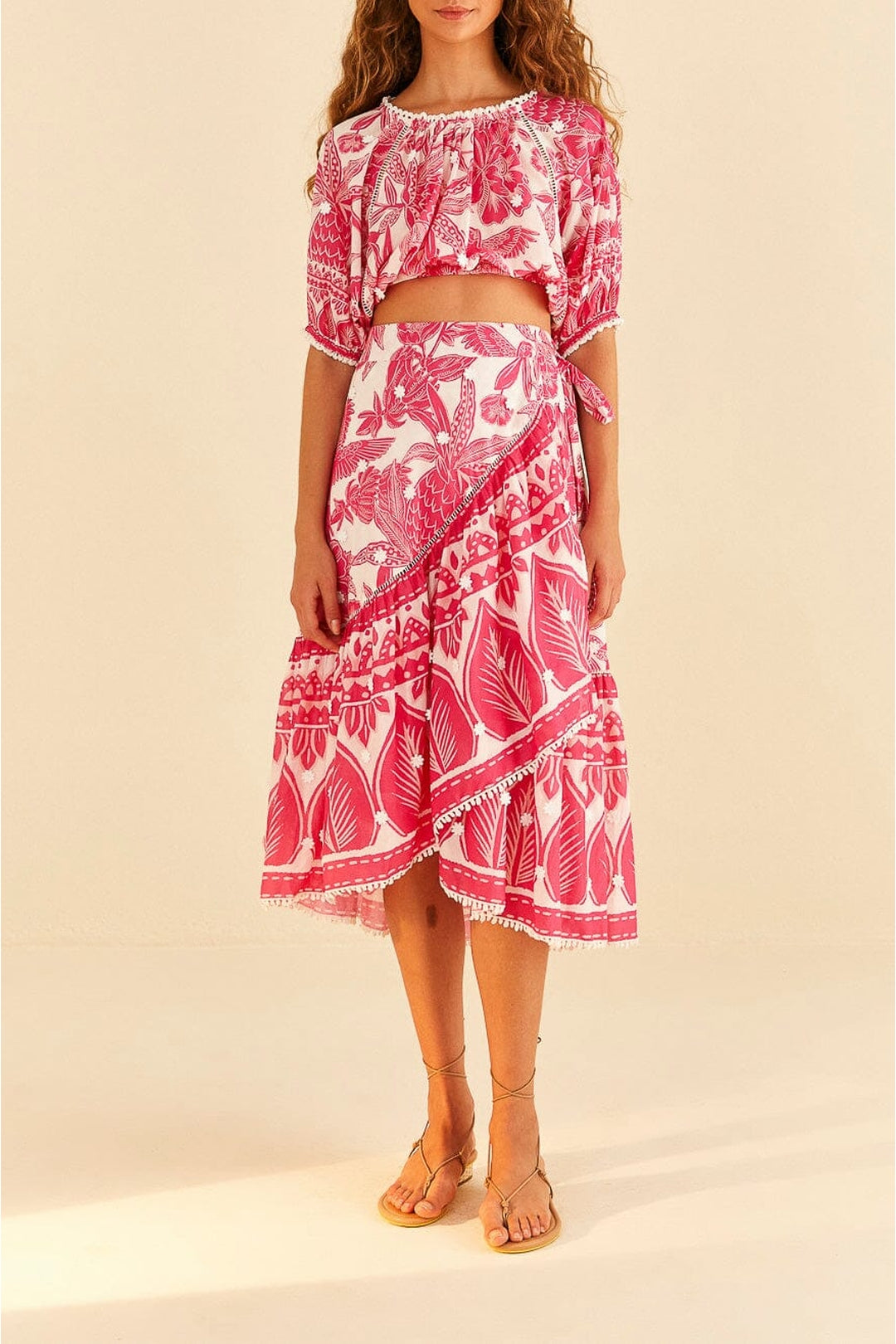 Jupe midi Tropical Woodcut en coton - Rose