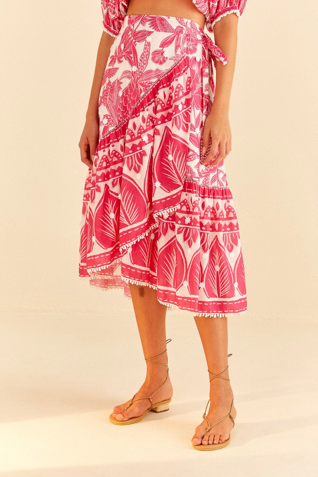 Jupe midi Tropical Woodcut en coton - Rose